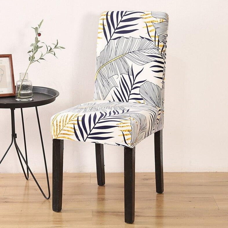 White / Gold Palm Leaf Pattern Dining Chair Cover