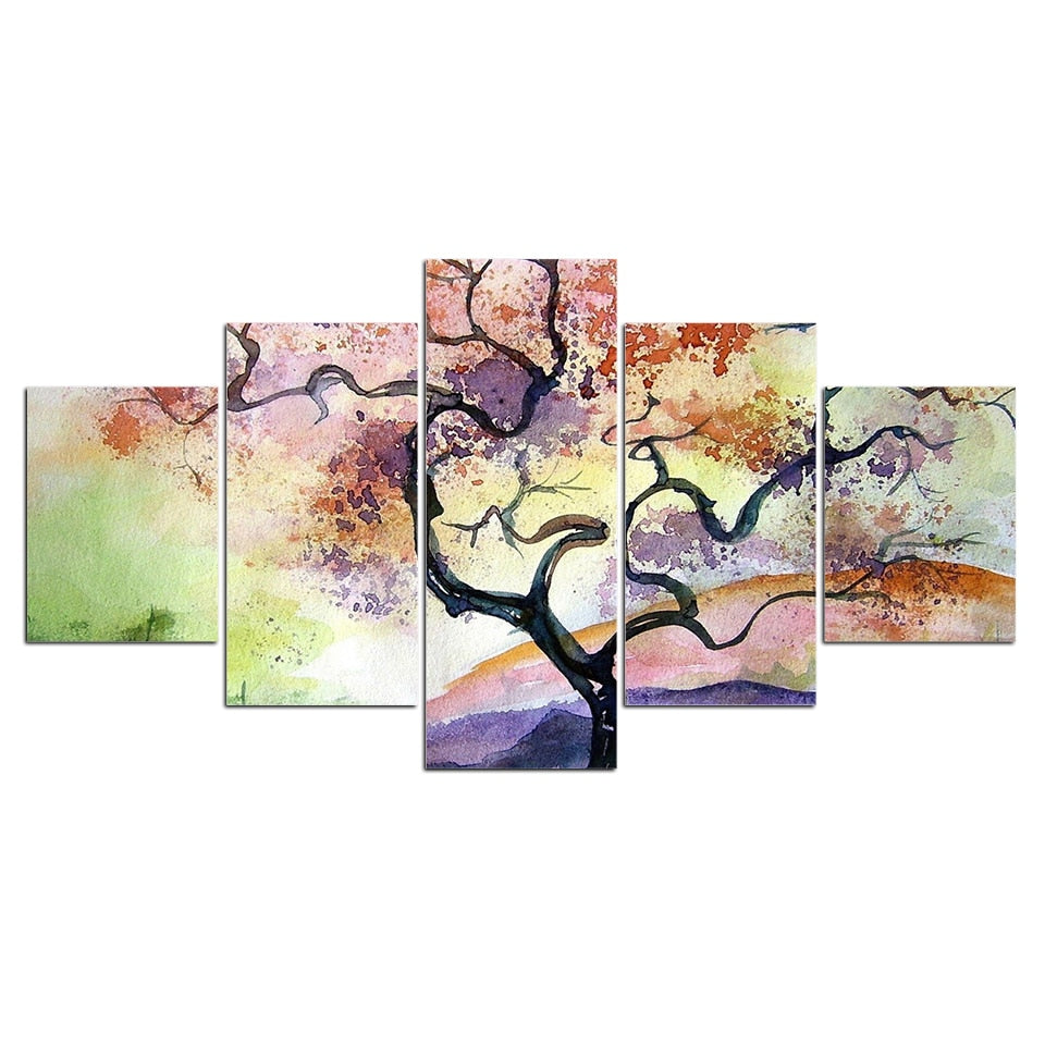 5-Piece Colorful Watercolor Tree Sunset Canvas Wall Art