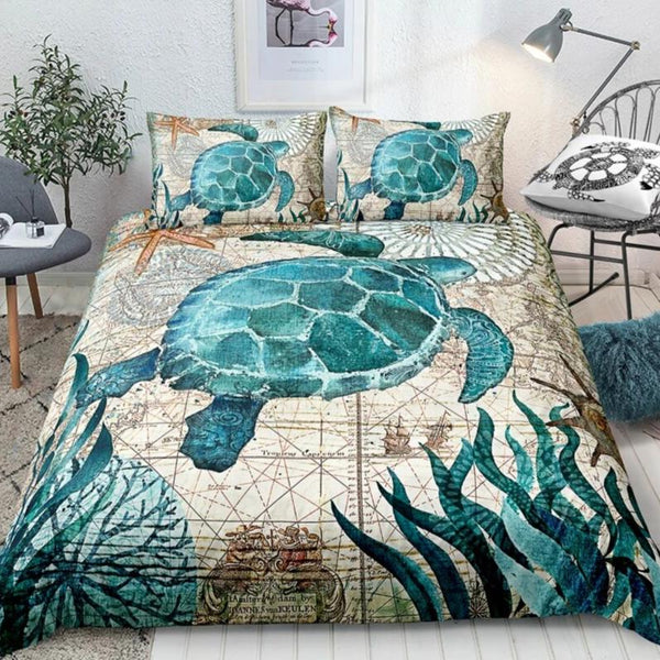 2/3-Piece Mediterranean Sea Turtle Print Duvet Cover Set – Decorzee