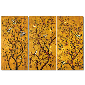 3-Piece Golden Vintage Birds In Trees Canvas Wall Art