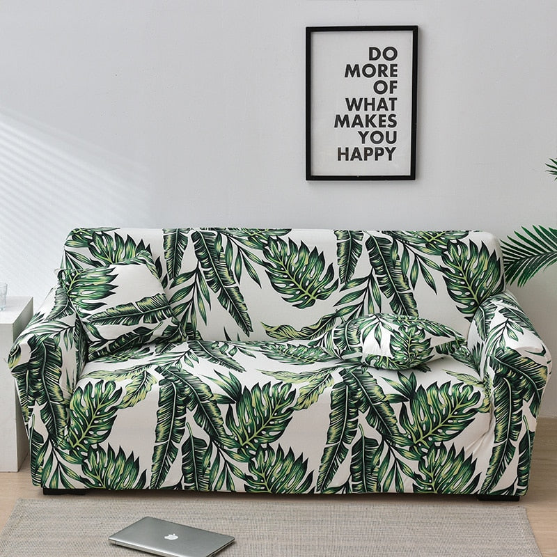 White / Green Tropical Palm Leaf Print Sofa Couch Cover