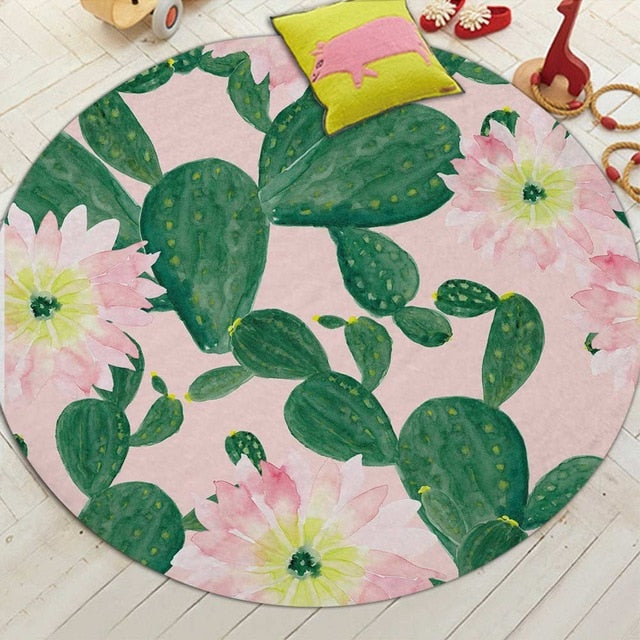 Round Floral Cactus Print Floor Mat Rug