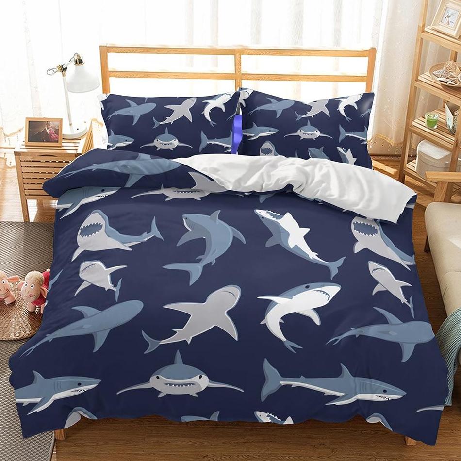 Navy 2/3-Piece Kids Shark Print Duvet Cover Bedding Set