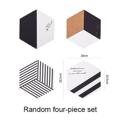4-Piece Black & White Hexagon Cork Coaster / Hot Pad Set