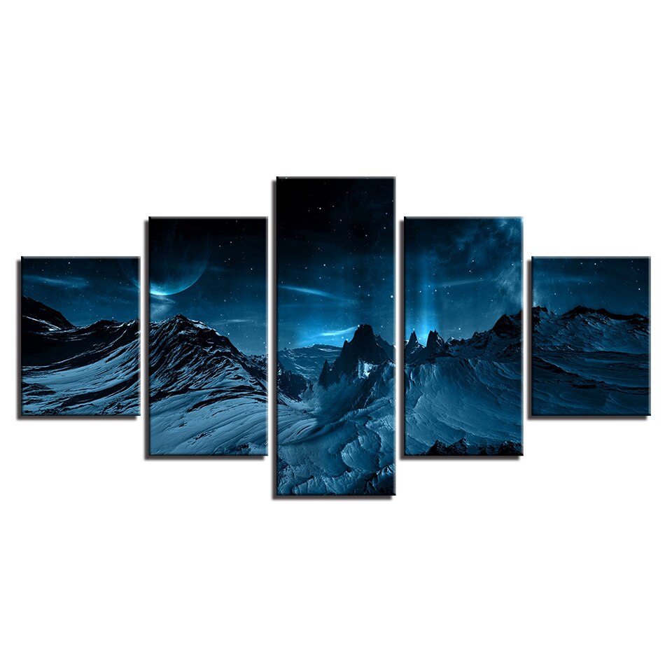 5-Piece Dark Blue Mountain Aurora Canvas Wall Art