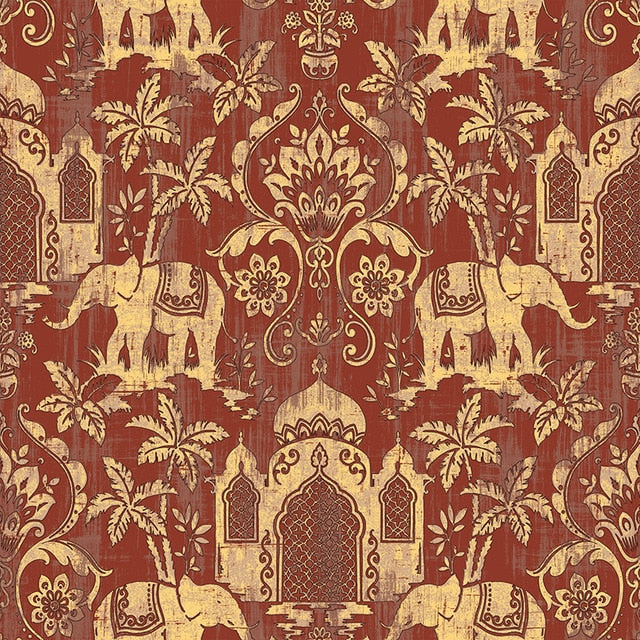 Vintage Indian Temple / Elephant Pattern Wallpaper