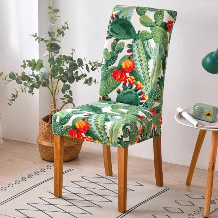 Green Succulent Floral Cactus Print Dining Chair Cover