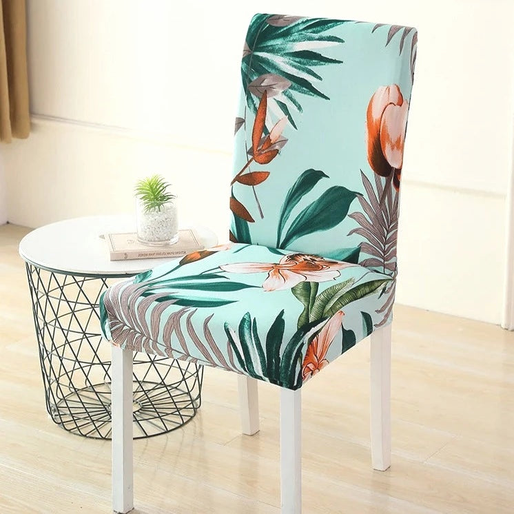 Mint Green Floral Palm Print Dining Chair Cover