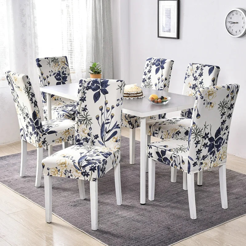 Ivory / Navy Blue Floral Print Dining Chair Cover