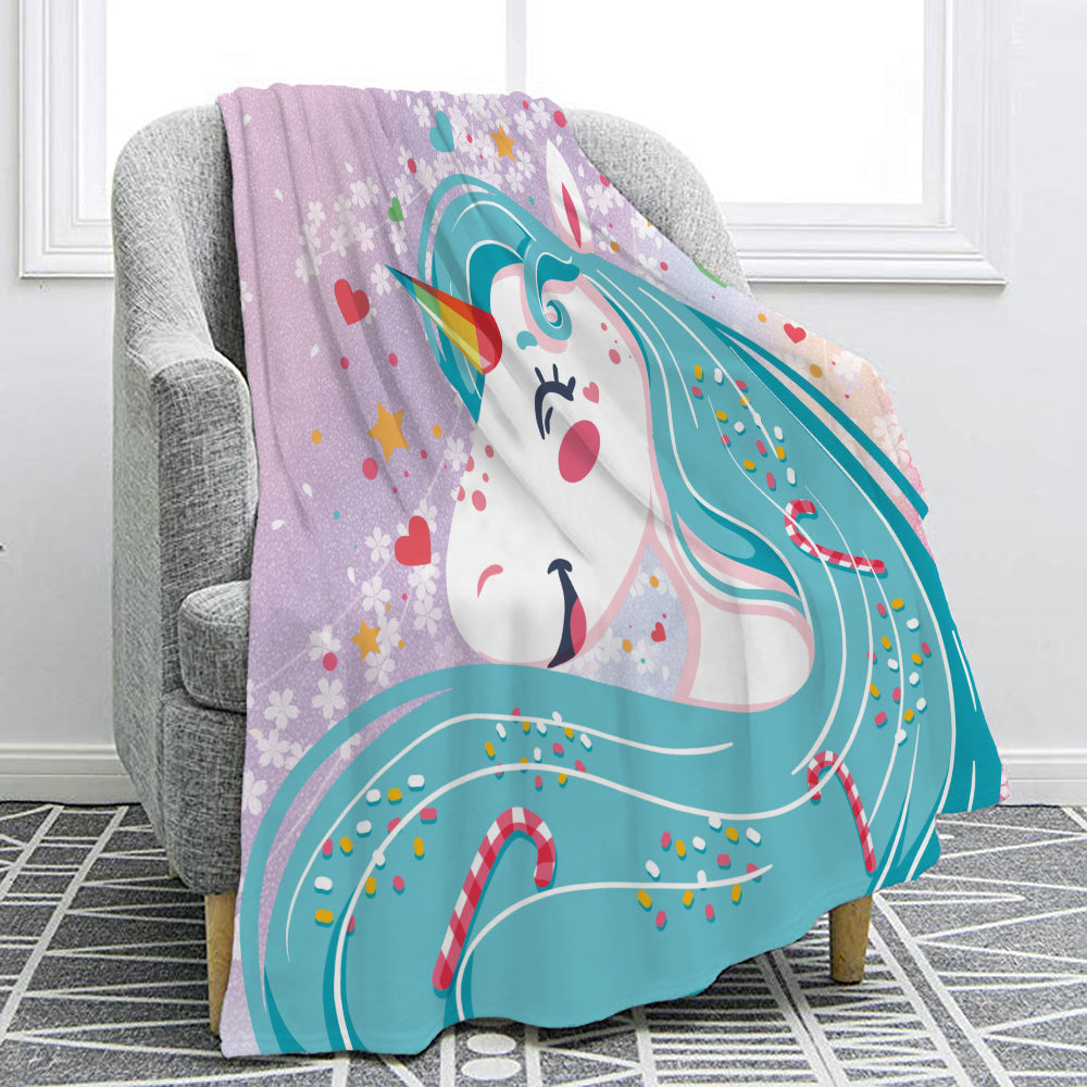 Cute Cartoon Unicorn Face Fleece Throw Blanket