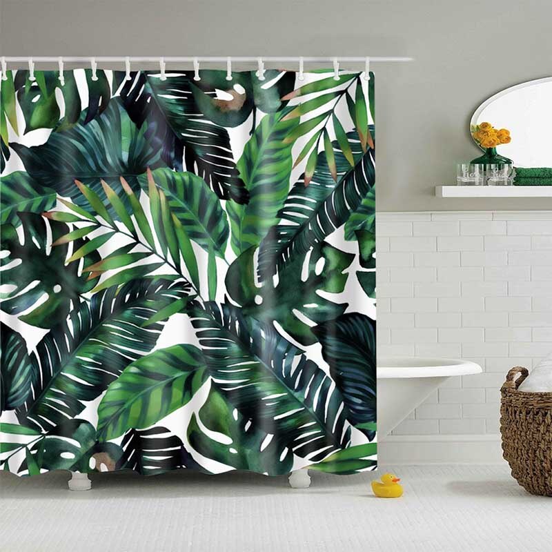 Green Tropical Palm Leaf Print Bathroom Shower Curtain