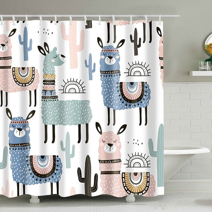 Cartoon Alpaca Llama Print Shower Curtain