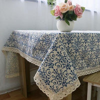 Vintage Blue Floral Pattern Cotton Linen Tablecloth w/ Lace