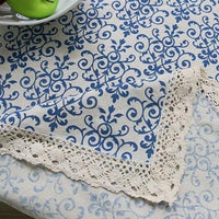 Vintage Blue Floral Pattern Cotton Linen Tablecloth w/ Lace