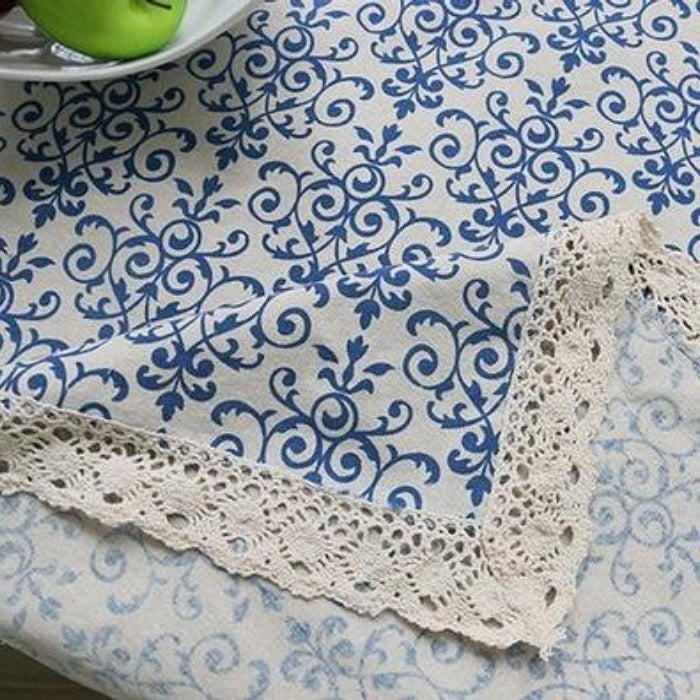 Vintage Blue Floral Pattern Cotton Linen Tablecloth w/ Lace