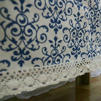 Vintage Blue Floral Pattern Cotton Linen Tablecloth w/ Lace