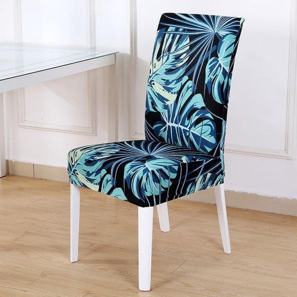 Dark Blue Tropical Palm Leaf Pattern Dining Chair Cover