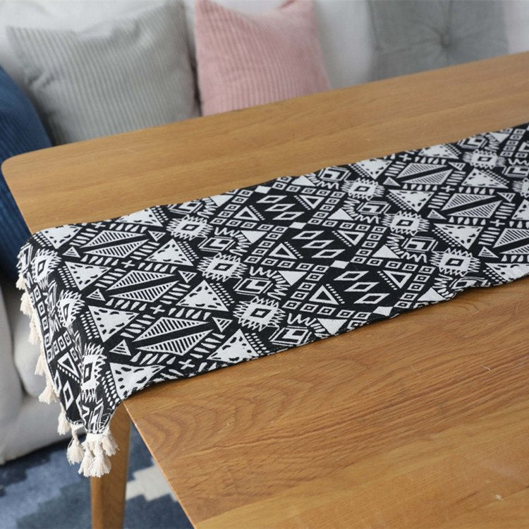 Black Geometric Bohemian Pattern Cotton Linen Table Runner
