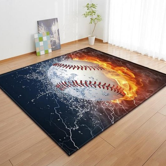 Black Flaming Baseball Print Area Rug Floor Mat