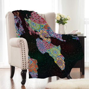 Black Rainbow Mandala World Map Fleece Throw Blanket