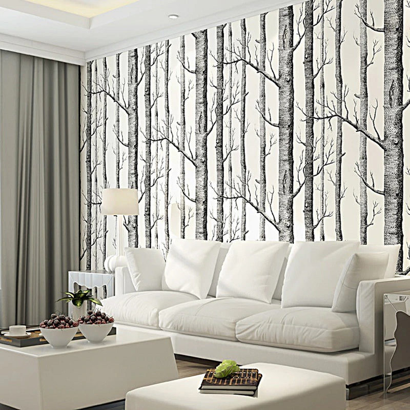 Black & White Birch Tree Print Wallpaper