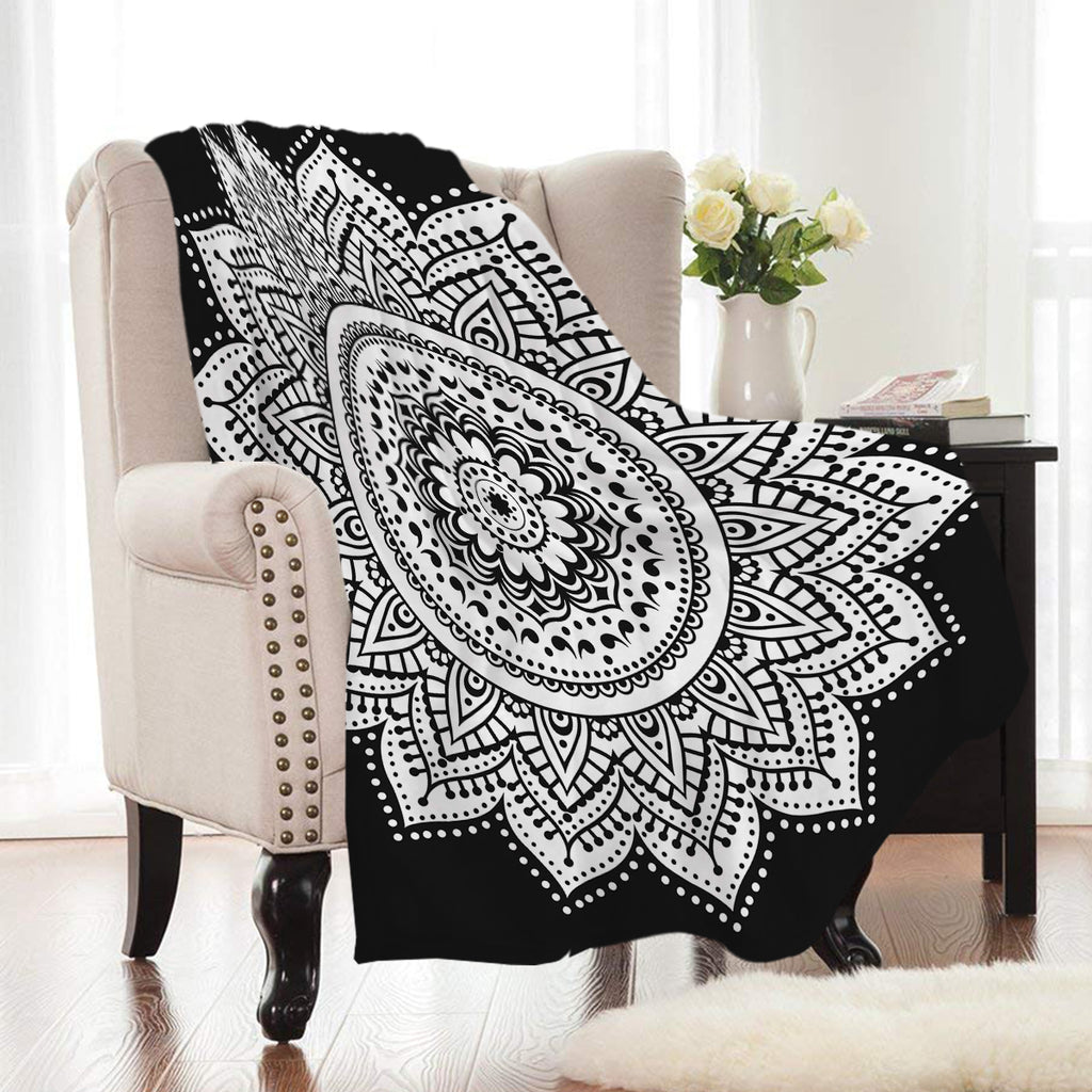 Black & White Bohemian Mandala Fleece Throw Blanket