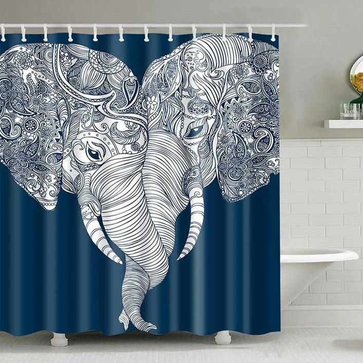 Blue & White Boho Elephant Love Bathroom Shower Curtain