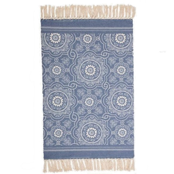 Woven Blue Floral Mandala Pattern Accent Throw Rug