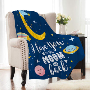 Blue Cartoon Space / Moon Print Fleece Throw Blanket