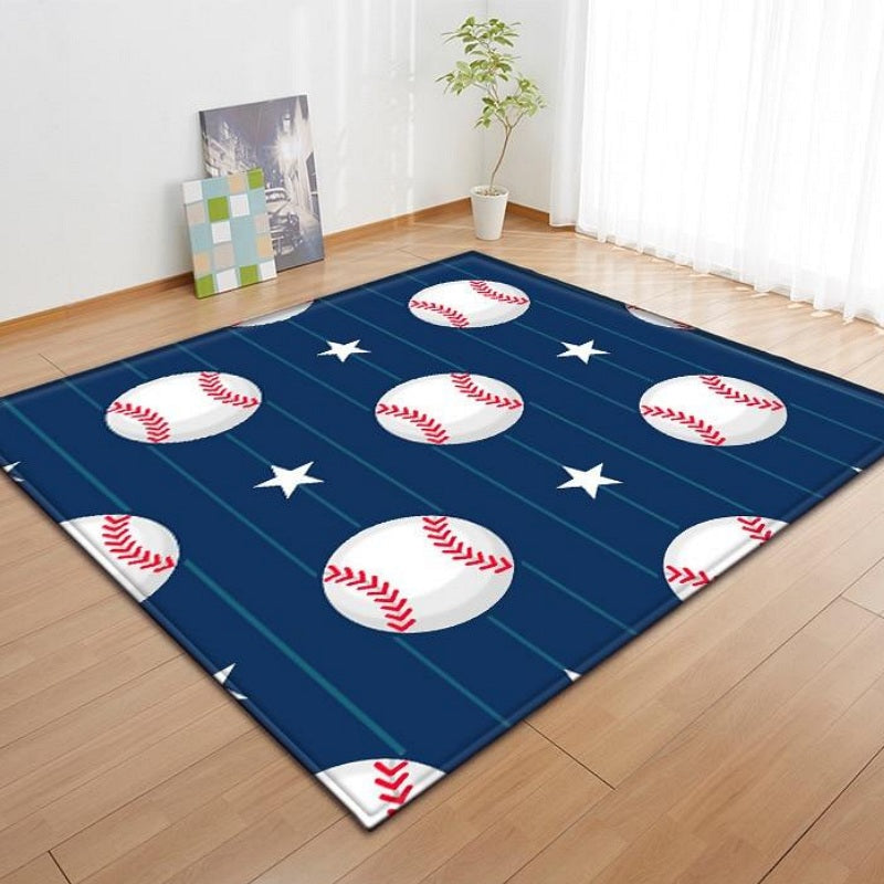 Kids Blue Striped Baseball Pattern Area Rug Floor Mat