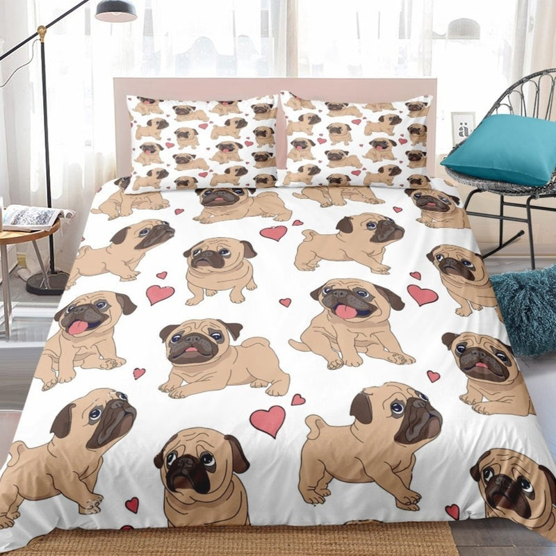 White 3-Piece Pug Puppy Love Duvet Cover Bedding Set