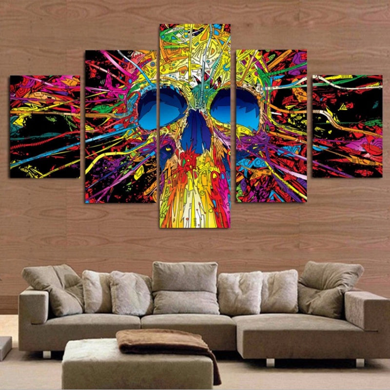 5-Piece Colorful Exploding Psychedelic Skull Canvas Wall Art