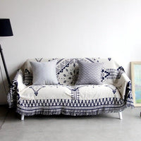 White / Navy Knitted Nordic Sofa Throw Cover Blanket