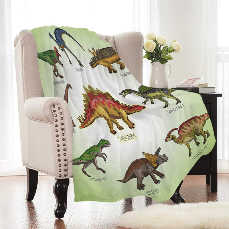 Green Prehistoric Dinosaur Print Fleece Throw Blanket