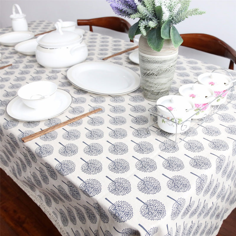 Lucky Tree Pattern Cotton Linen Tablecloth w/ Lace