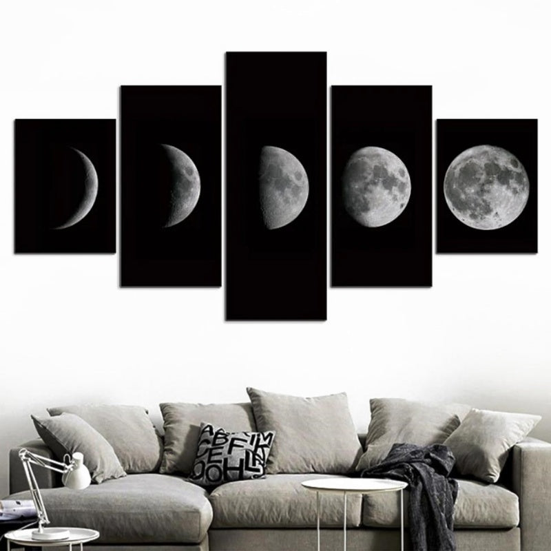 5-Piece Black & White Lunar Moon Cycle Canvas Wall Art
