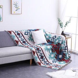 Blue / Burgundy Knitted Native Sofa Throw Cover Blanket