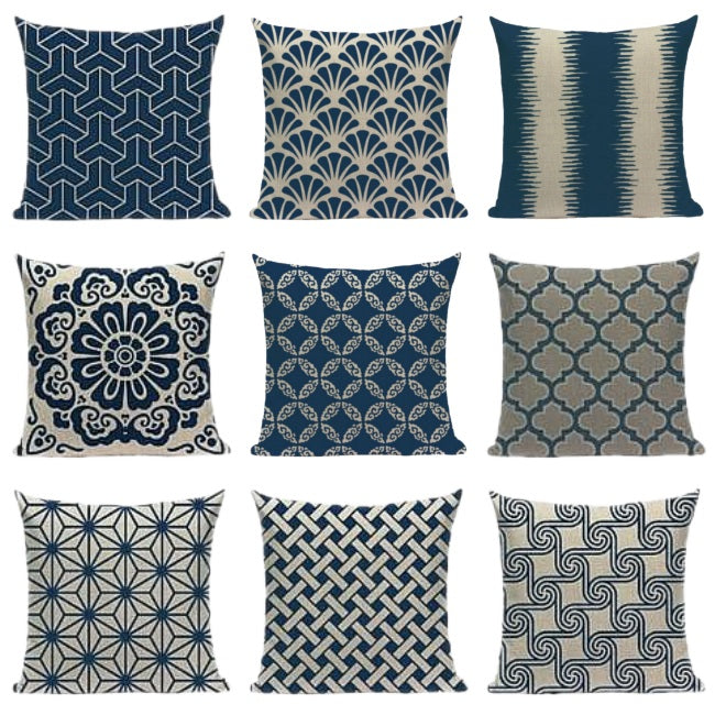 18" Oriental Blue Floral Geometric Pattern Pillow Cover