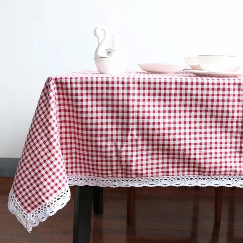 Country Farmhouse Plaid Cotton Linen Tablecloth w/ Lace