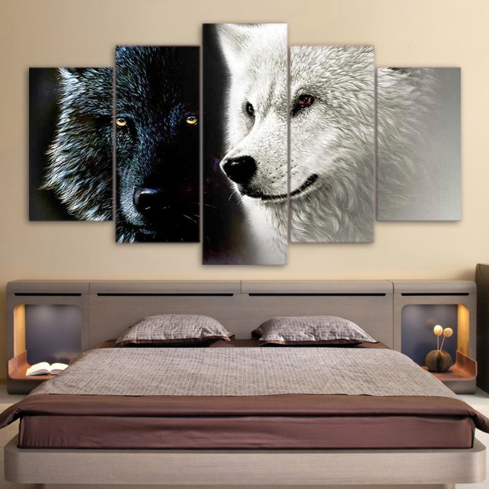 5-Piece Black & White Wolf Companions Canvas Wall Art