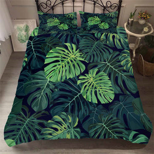 Dark Green 2/3-Piece Tropical Palm Leaf Print Duvet Cover Set