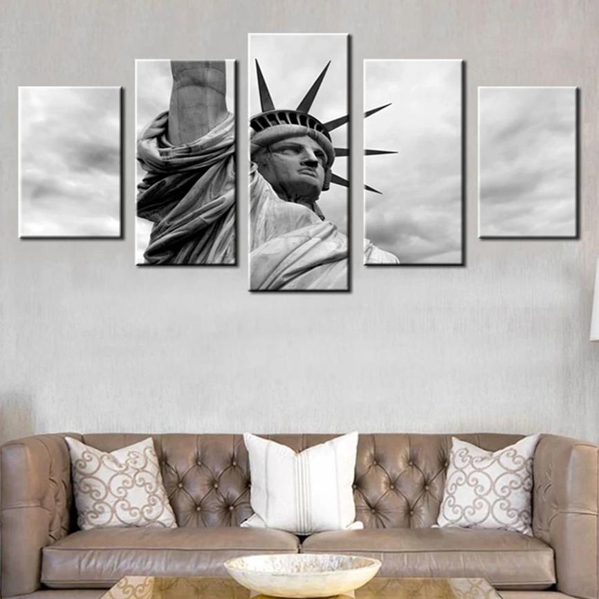 5-Piece Black & White Statue Of Liberty Canvas Wall Art