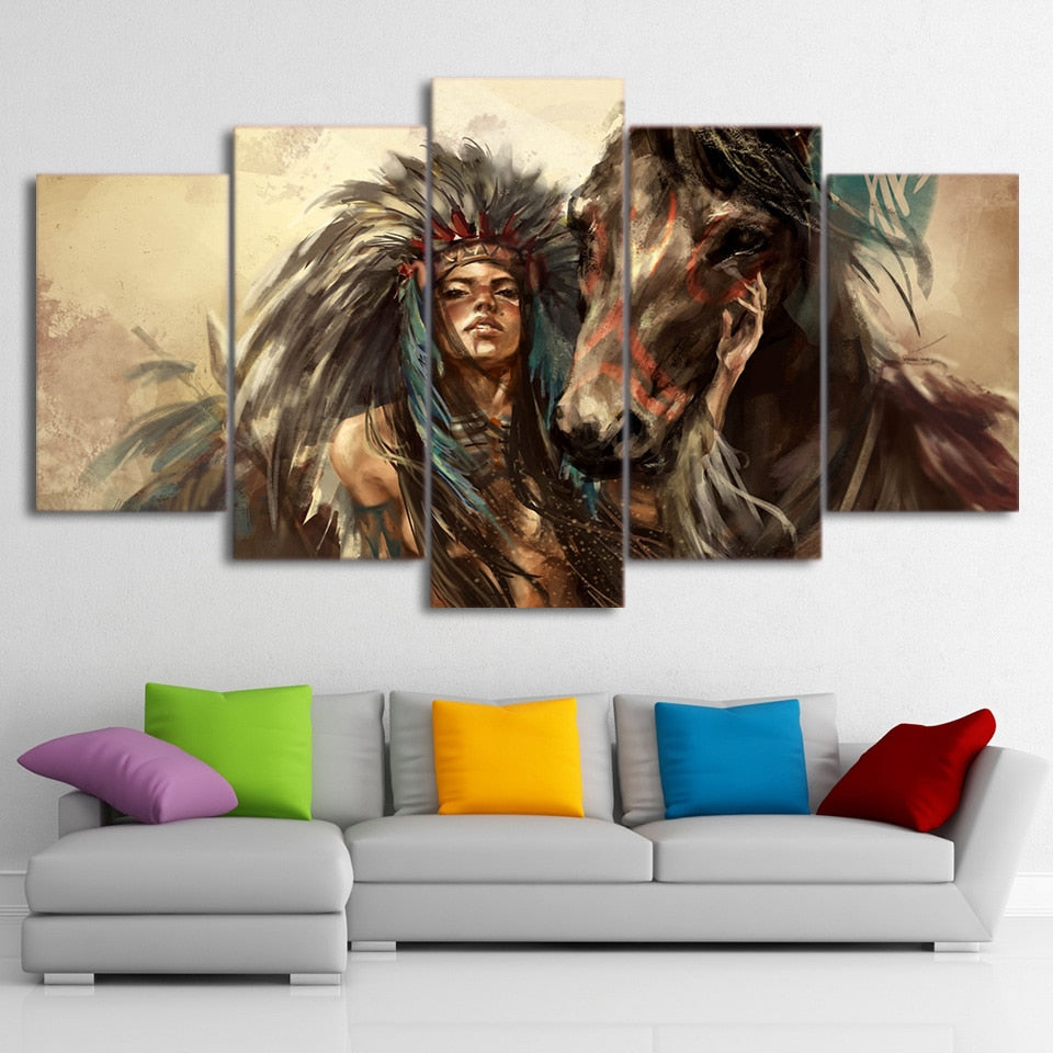 5-Piece Female Native Indian Warrior w/ Horse Canvas Wall Art
