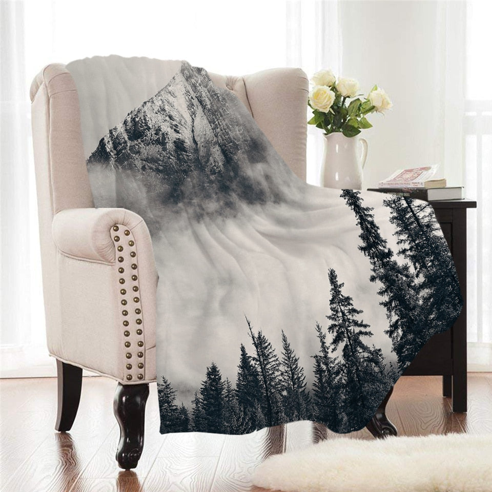 Black & White Cloudy Mountain Forest Fleece Throw Blanket