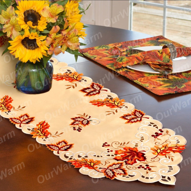 Embroidered Fall Leaves Thanksgiving Table Runner
