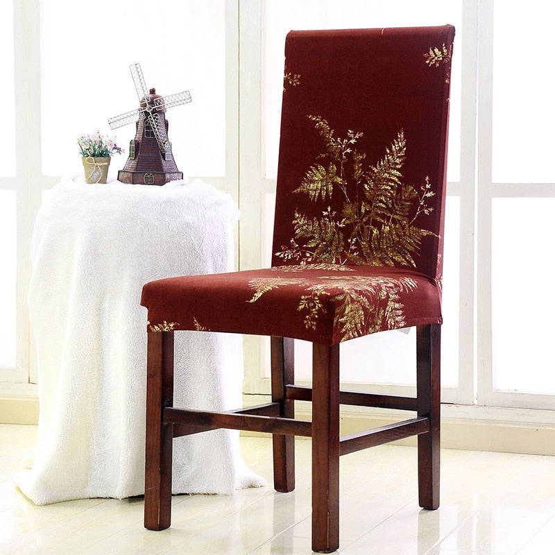 Burgundy Gold Floral Leaf Pattern Dining Chair Cover