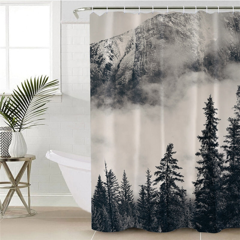 Black & White Cloudy Mountain Forest Bathroom Shower Curtain