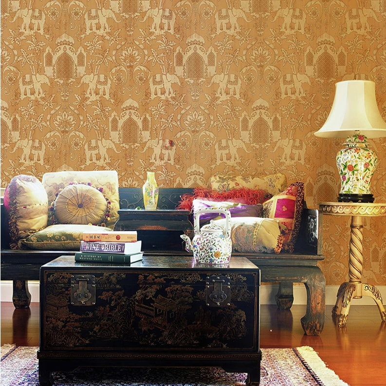 Vintage Indian Temple / Elephant Pattern Wallpaper