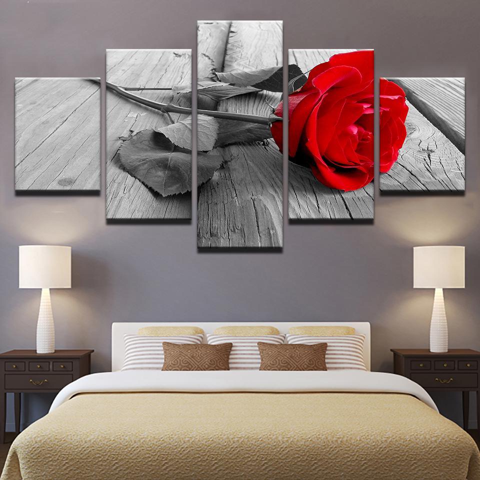 5-Piece Gray & White Red Rose Print Canvas Wall Art