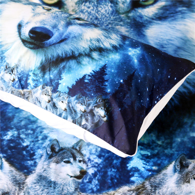 3-Piece Blue Night Sky Wolf Pack Duvet Cover Set